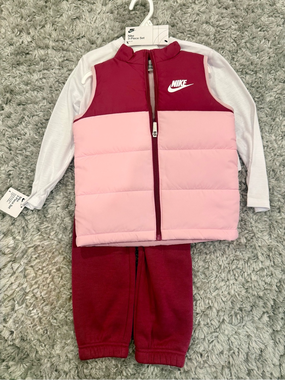 Nike Girls Pink and Burgundy Puffer Vest Set with Matching Pants & Shirt